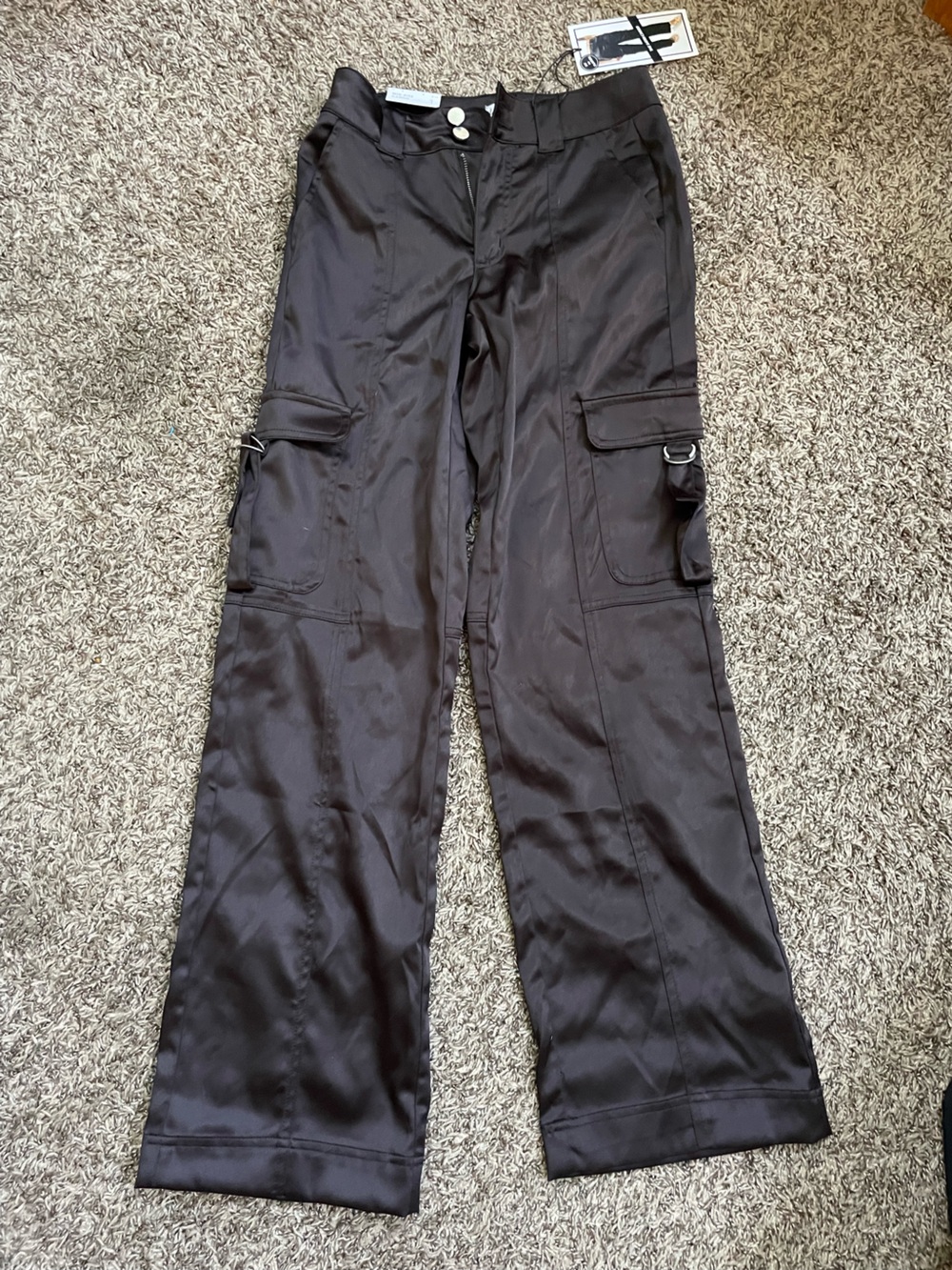Love, Fire Juniors brown mid-rise satin Cargo Trousers with D-Ring Detail